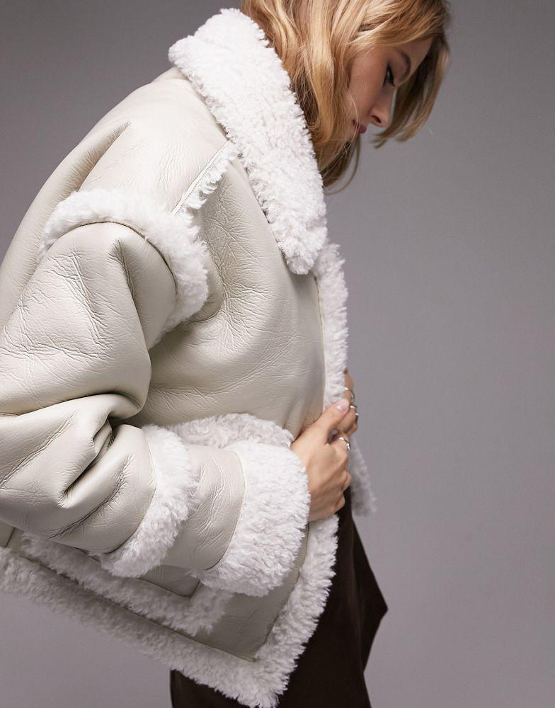 Topshop faux leather cropped car coat with faux fur trims in white商品第1张图片规格展示