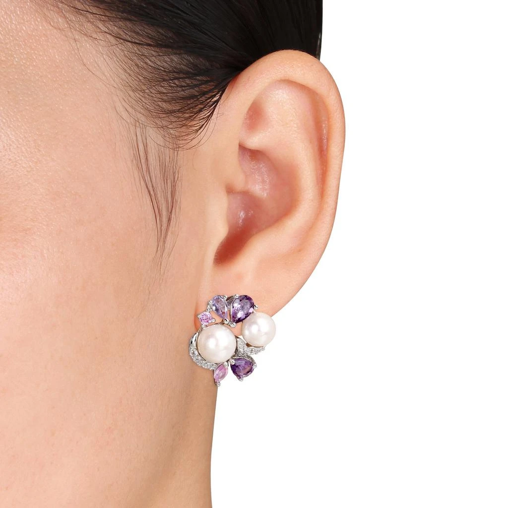 商品Mimi & Max|Amethyst, Rose de France, Created Pink and Created White Sapphire and White Cultured Freshwater Pearl Cluster Earrings,价格¥899,第2张图片详细描述