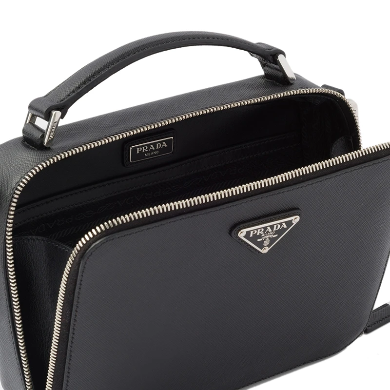 PRADA/普拉达 22春夏新款Brique系列 男士黑色Saffiano皮革银扣三角徽标配织物肩带单肩斜跨包手提包2VH069_9Z2_F0002_V_YMI 商品