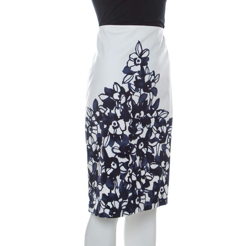 St. John White and Navy Blue Floral Printed Stretch Cotton Pencil Skirt L商品第2张图片规格展示