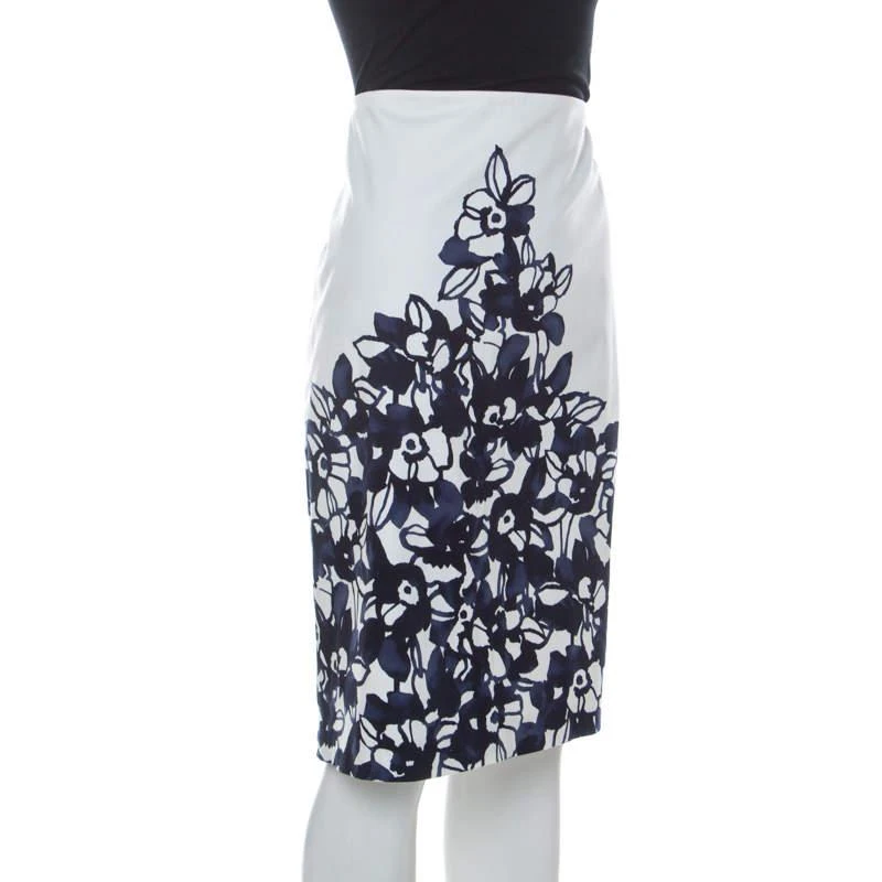 商品[二手商品] St. John|St. John White and Navy Blue Floral Printed Stretch Cotton Pencil Skirt L ,价格¥826,第2张图片详细描述