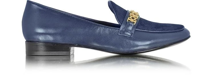 商品Tory Burch|Gemini Link 皇家海军蓝皮革和小牛毛平底鞋,价格¥960,第1张图片