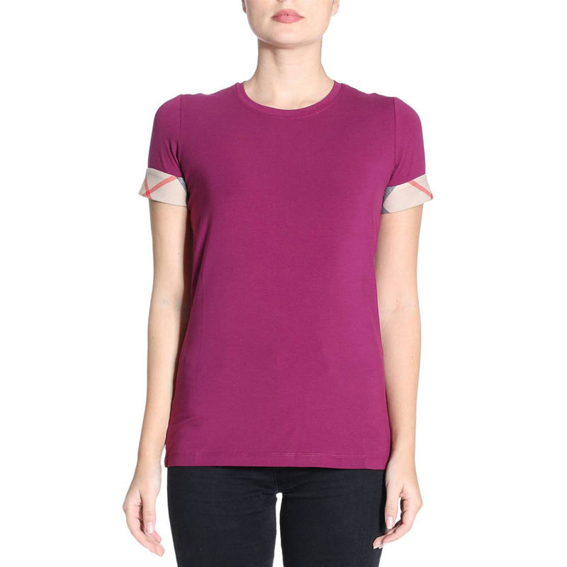 Burberry 博柏利 女士袖口格纹设计紫色棉质混纺短袖T恤 3968495商品第2张图片规格展示