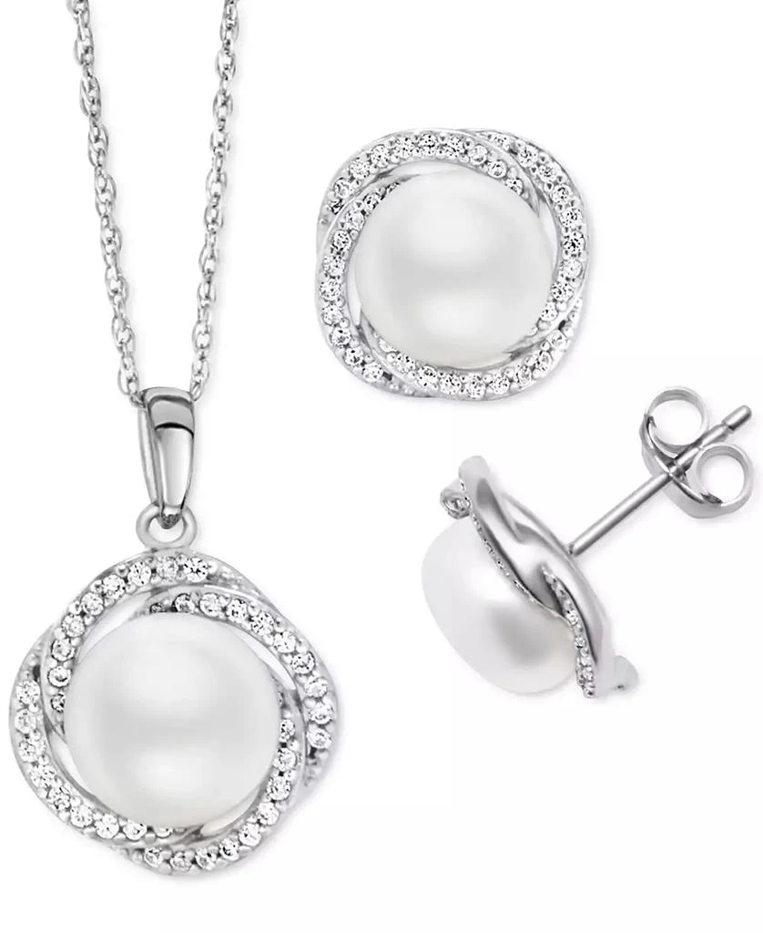 商品Macy's|2-Pc. Set Cultured Freshwater Pearl (9mm) & White Zircon (1-1/5 ct. t.w.) Pendant Necklace & Matching Stud Earrings in Sterling Silver,价格¥1000,第1张图片