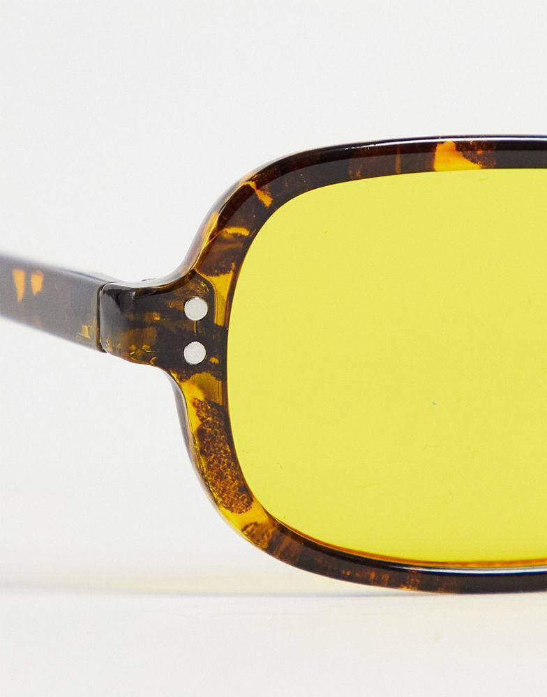 ASOS DESIGN retro rectangle sunglasses with yellow lens in brown tortoiseshell - BROWN商品第3张图片规格展示