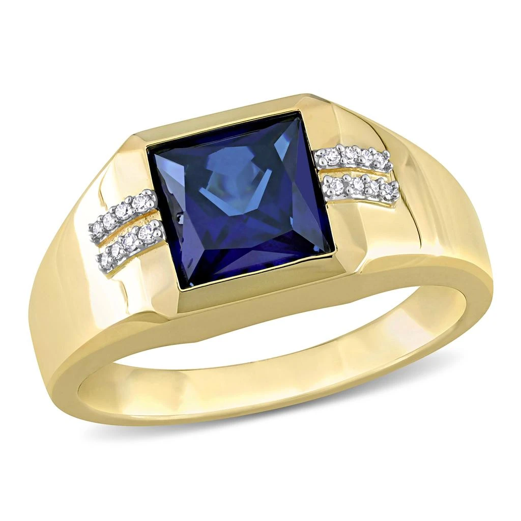 商品Mimi & Max|3ct TGW Square Created Blue Sapphire and Diamond Accent Men's Ring in 10k Yellow Gold,价格¥3817,第1张图片