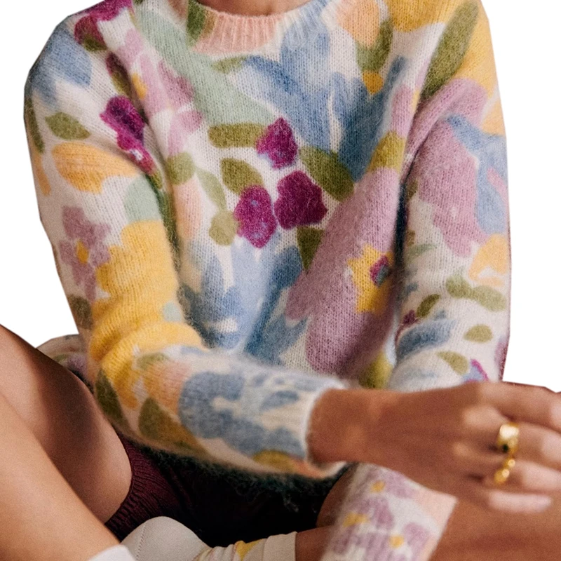 22新款 女士彩色花卉图案羊毛混纺长袖圆领马海毛毛衣 商品