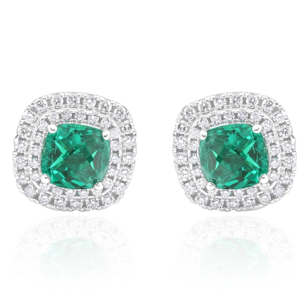 商品Pompeii3|4Ct Emerald & Lab Grown Diamond Cushion Halo Studs 14k White Gold,价格¥15648,第1张图片