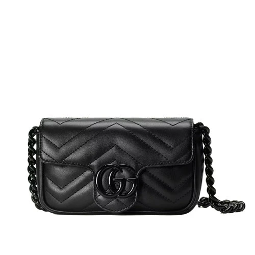 商品Gucci|GUCCI/古驰 22春夏新款GG Marmont系列 女士黑色V型绗缝皮革双G扣翻盖单肩斜挎包腰包‎699757UM8KV1000,价格¥10195,第1张图片