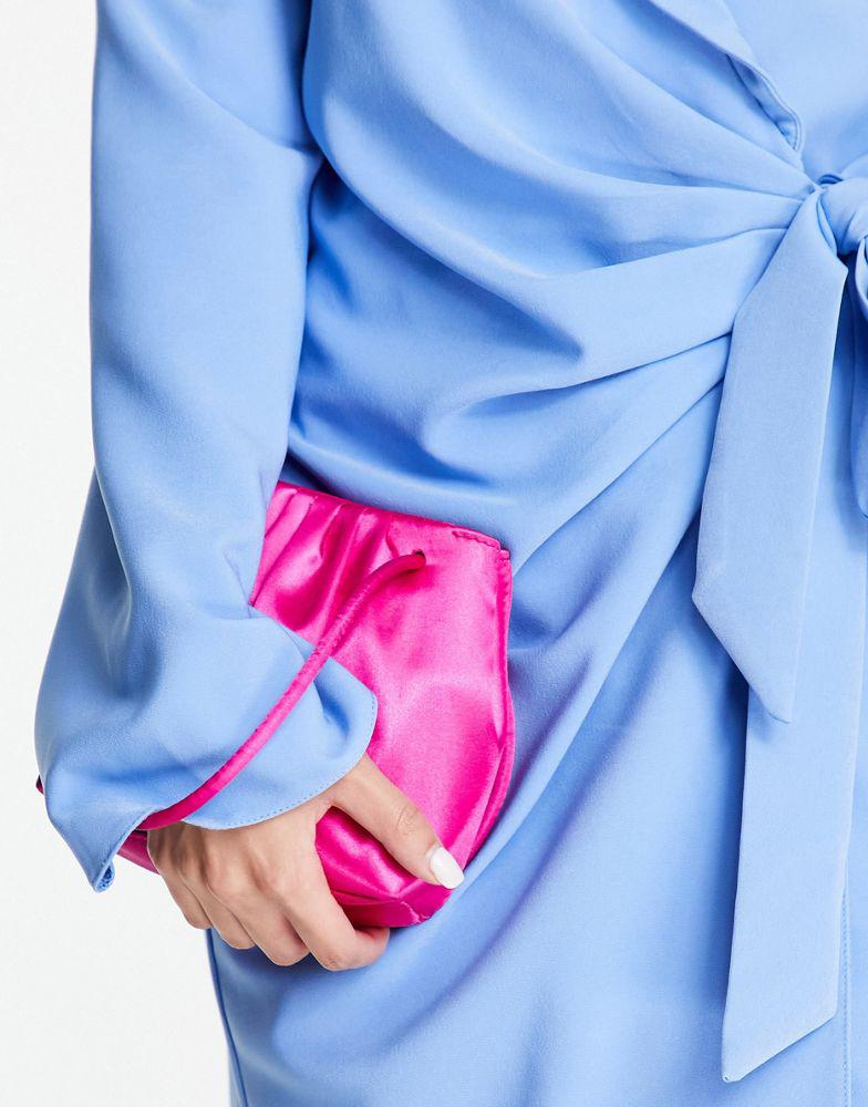 ASOS DESIGN ruched satin clutch bag with detachable crossbody strap in bright pink商品第3张图片规格展示