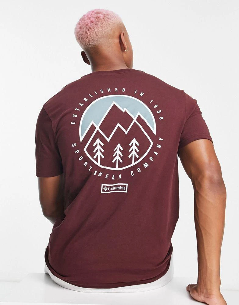 商品Columbia|Columbia Tillamook back print t-shirt in burgundy Exclusive at ASOS,价格¥246,第1张图片