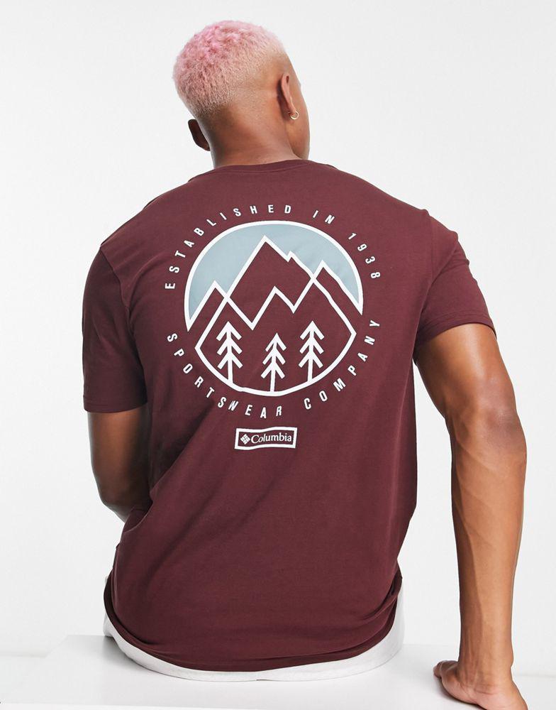 商品Columbia|Columbia Tillamook back print t-shirt in burgundy Exclusive at ASOS,价格¥182,第1张图片