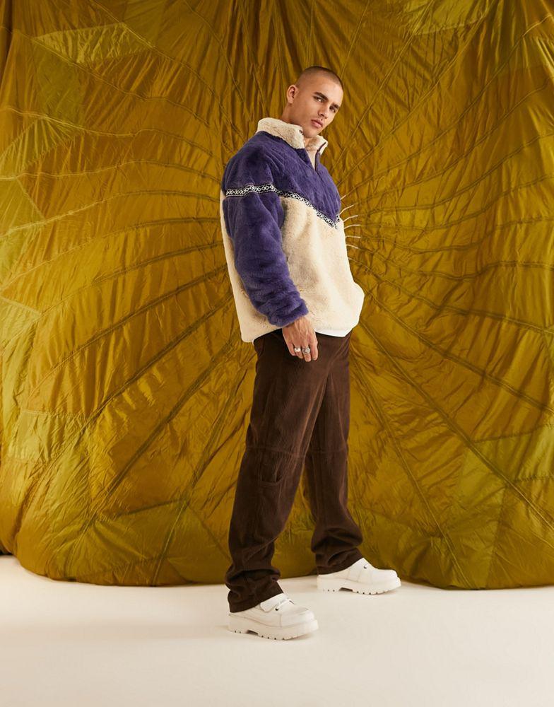 ASOS DESIGN oversized half zip faux fur sweatshirt in navy and beige with taping商品第3张图片规格展示