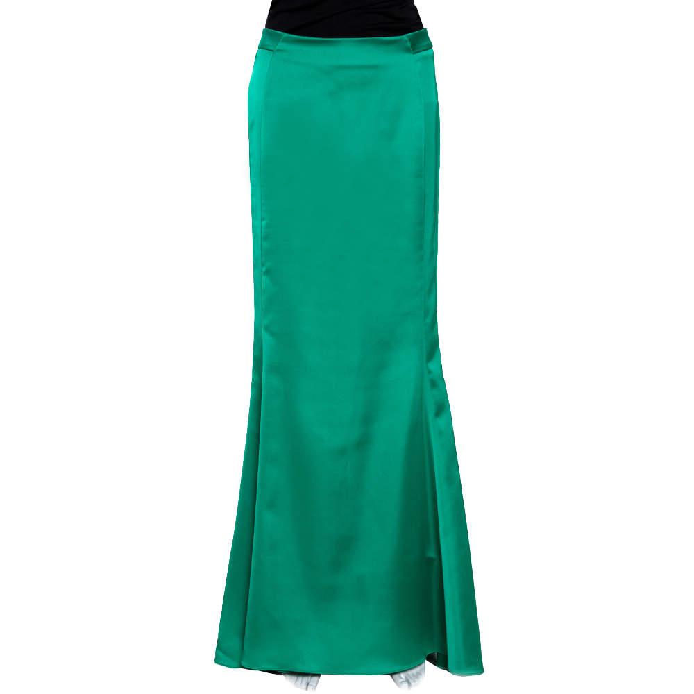 Just Cavalli Green Stretch Satin Flared Maxi Skirt S商品第1张图片规格展示