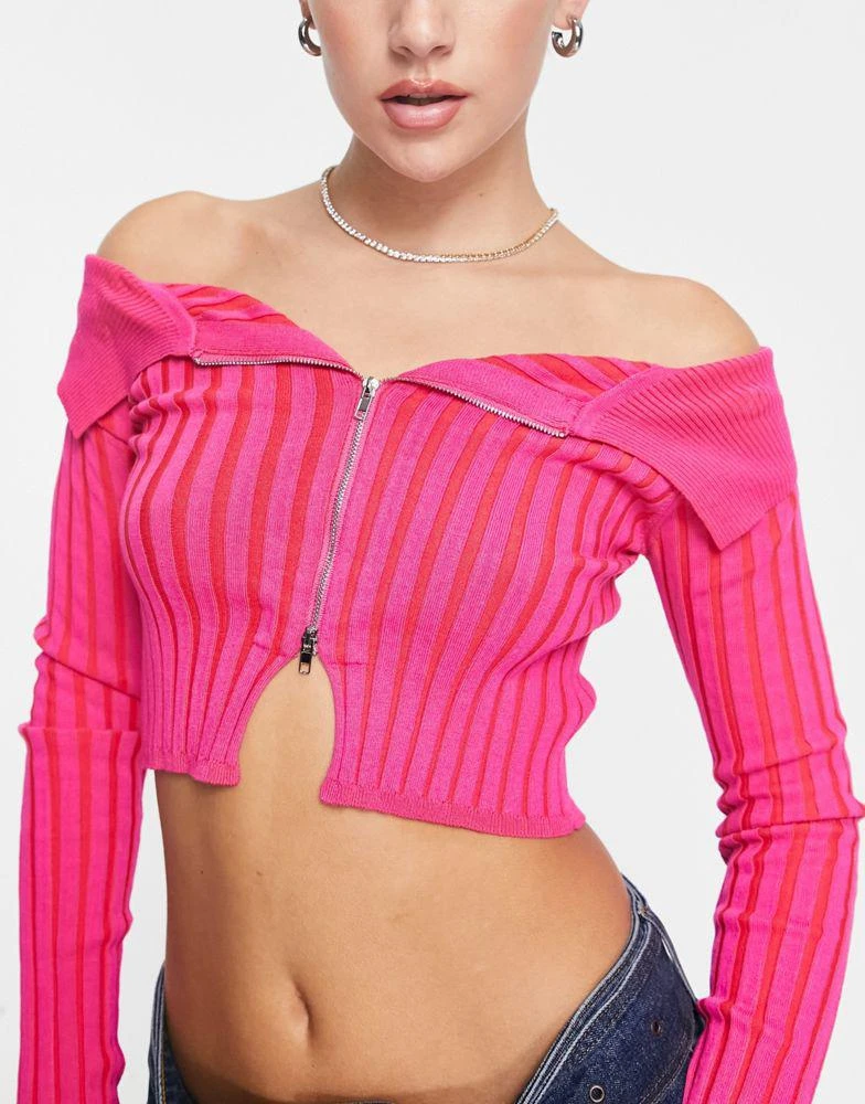 商品AsYou|ASYOU zip up bardot knitted top in pink,价格¥84,第4张图片详细描述