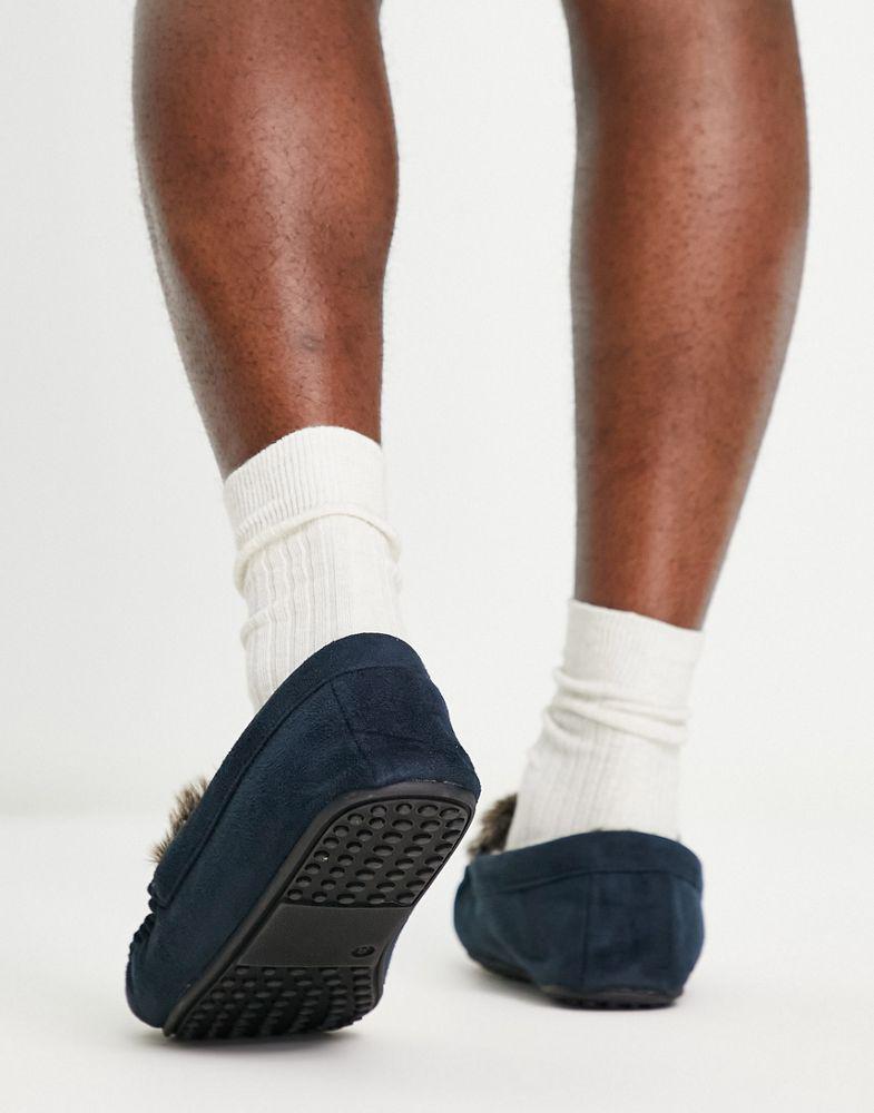 商品ASOS|ASOS DESIGN moccasin slippers in navy with faux fur lining,价格¥167,第4张图片详细描述