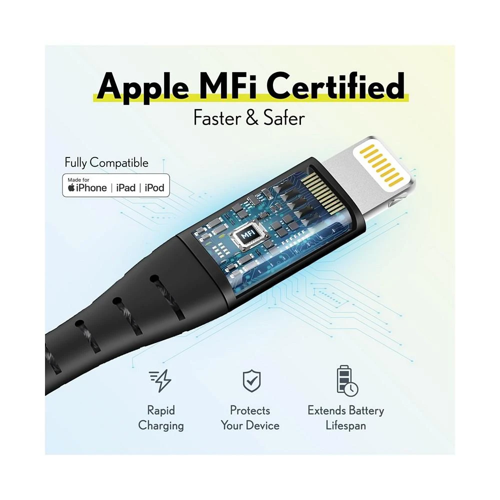商品Overtime|Apple MFi Certified iPhone 11/XR/SE/10/8 10ft Charging Cable | USB to Lightning Cable for iPhone - Black (2-Pack),价格¥225,第2张图片详细描述