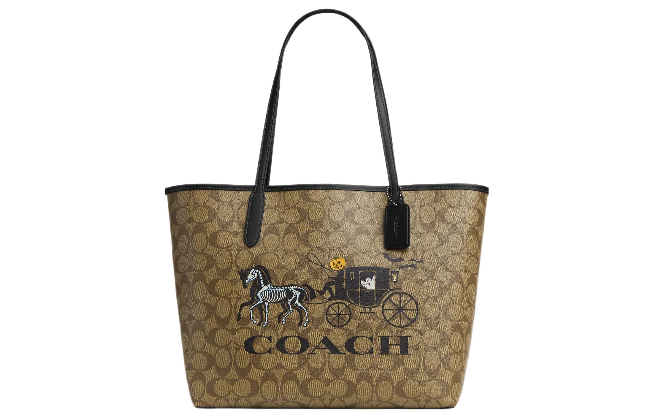 商品[国内直发] Coach|蔻驰 City 33 经典老花万圣节马标识印花按扣 帆布配皮 托特包Tote购物袋手提包 大号 女款 黑铜色/卡其黑多色,价格¥1862,第1张图片