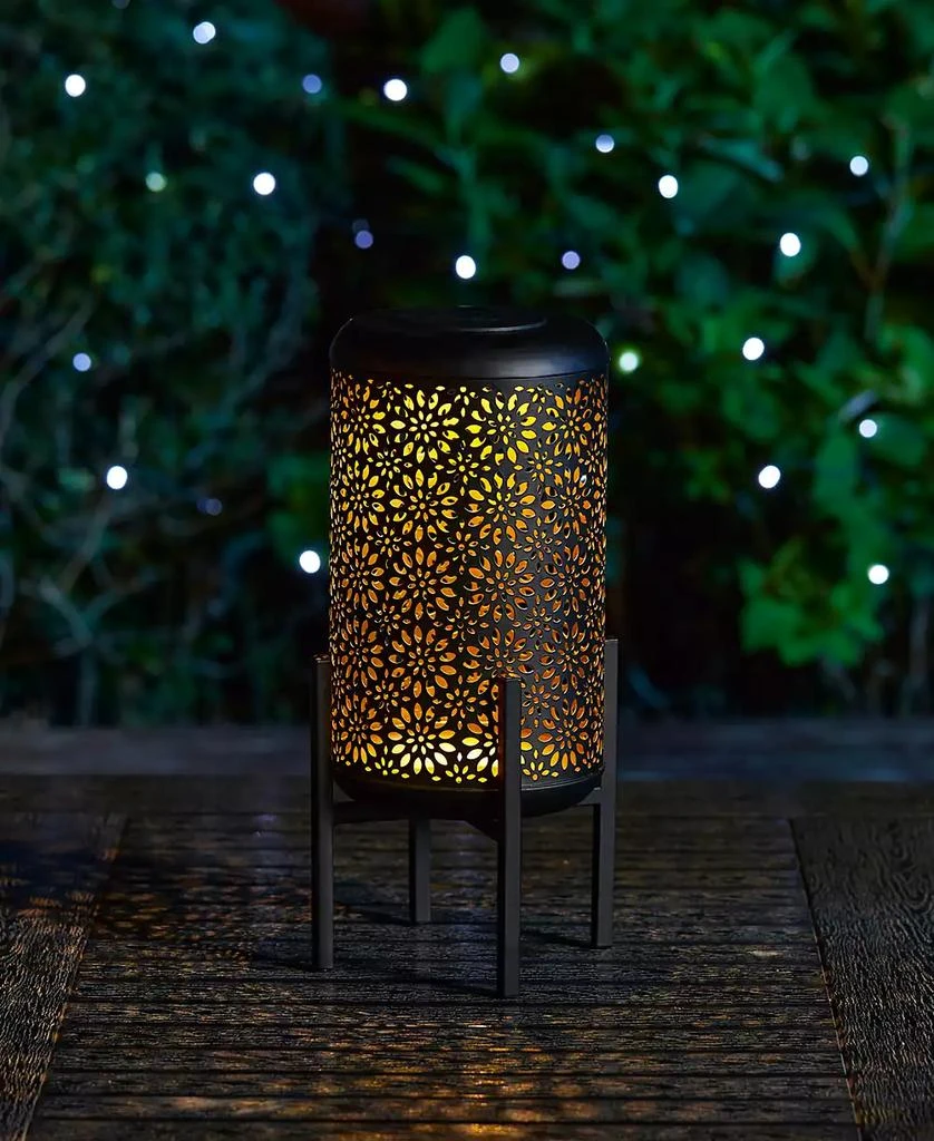 14.25" H Set of 2 Black and Gold-Tone Metal Cutout Flower Pattern Solar Powered LED Outdoor Lantern with Stand 商品