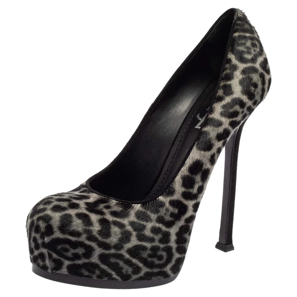 商品[二手商品] Yves Saint Laurent|Saint Laurent Grey/Black Leopard Print Calf Hair Tribtoo Pumps Size 38,价格¥1192,第1张图片