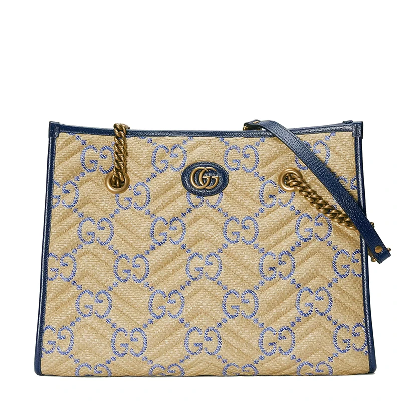商品Gucci|【包税】GUCCI/古驰 22新款 GG Marmont系列 女士中号米色/蓝色拉菲草效果老花印花织物配皮金扣徽标金链单肩斜挎托特包675796UWBLT8925,价格¥17164,第1张图片