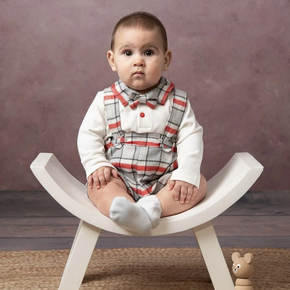 Grey White & Red Check Short Dungaree Set & Bow Tie 商品