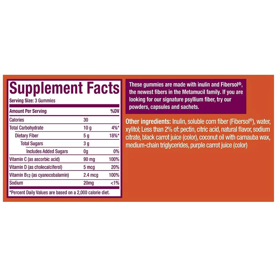 商品Metamucil|Fiber Gummies for Adults with Vitamins C, D, B12 for Metabolism, No Sugar Added Citrus Berry,价格¥209,第4张图片详细描述