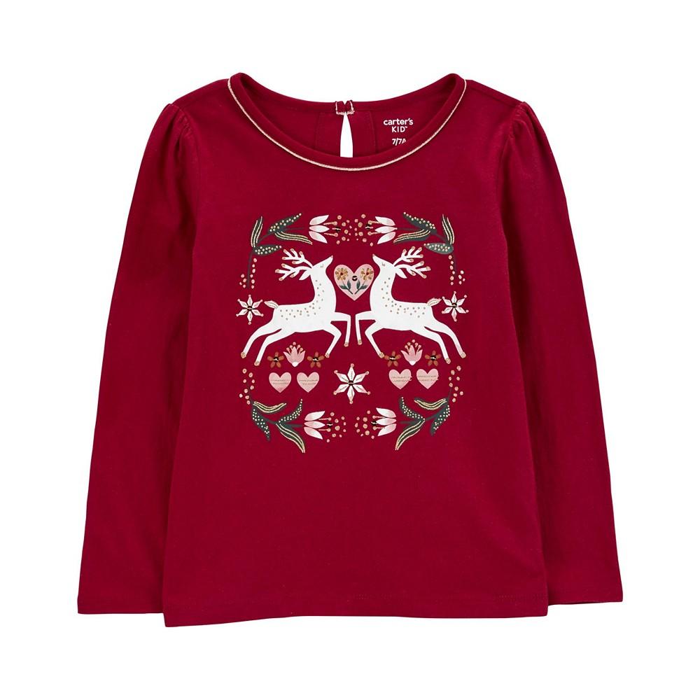Little Girls Christmas Reindeer Jersey T-shirt商品第1张图片规格展示