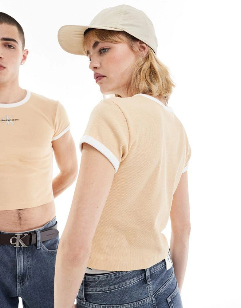 商品Calvin Klein|Calvin Klein Jeans baby ringer tee in beige - ASOS Exclusive,价格¥158,第2张图片详细描述