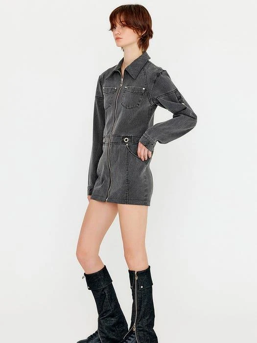 商品YUSE|Washing Cotton Denim Shirt Dress Top_Charcoal,价格¥1319,第4张图片详细描述