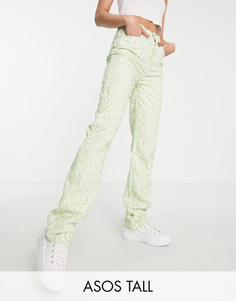 商品ASOS|ASOS DESIGN Tall mid rise '90s' straight leg jean in green swirl print,价格¥157,第1张图片
