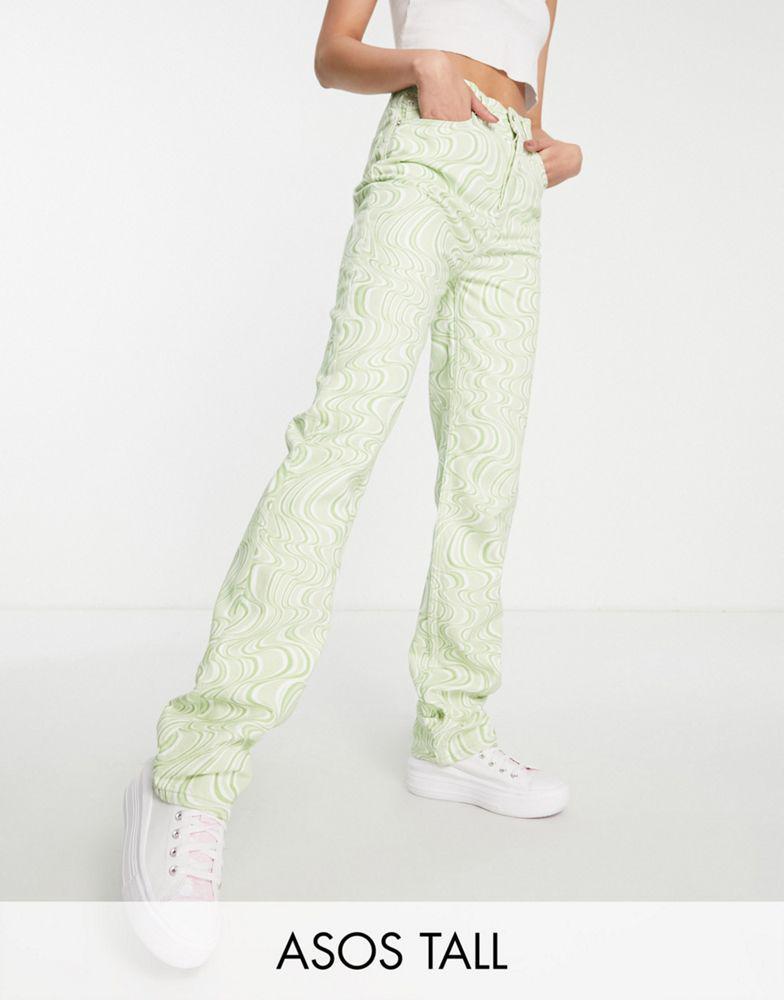 商品ASOS|ASOS DESIGN Tall mid rise '90s' straight leg jean in green swirl print,价格¥138,第1张图片