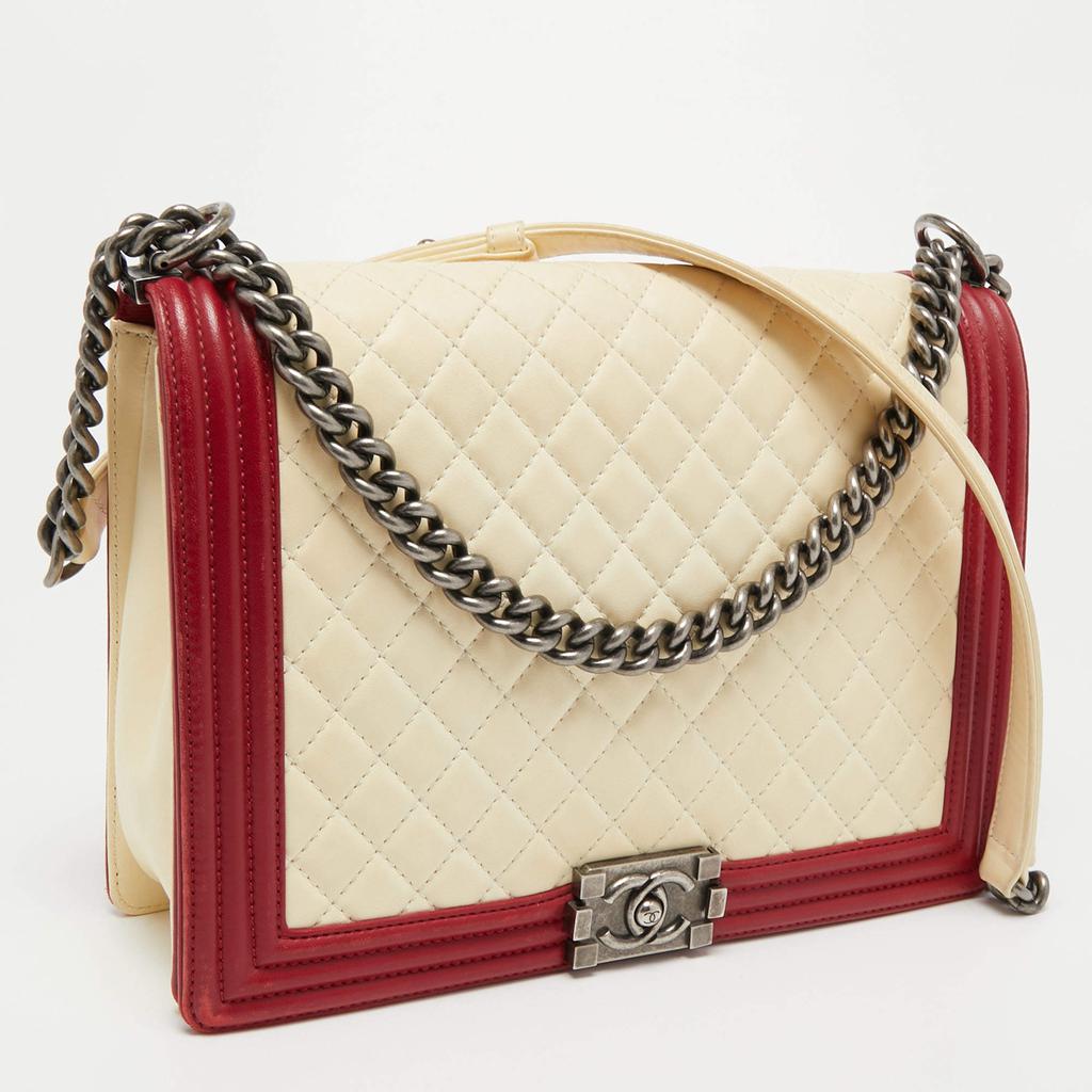 Chanel Cream/Red Quilted Leather Large Boy Flap Bag商品第3张图片规格展示