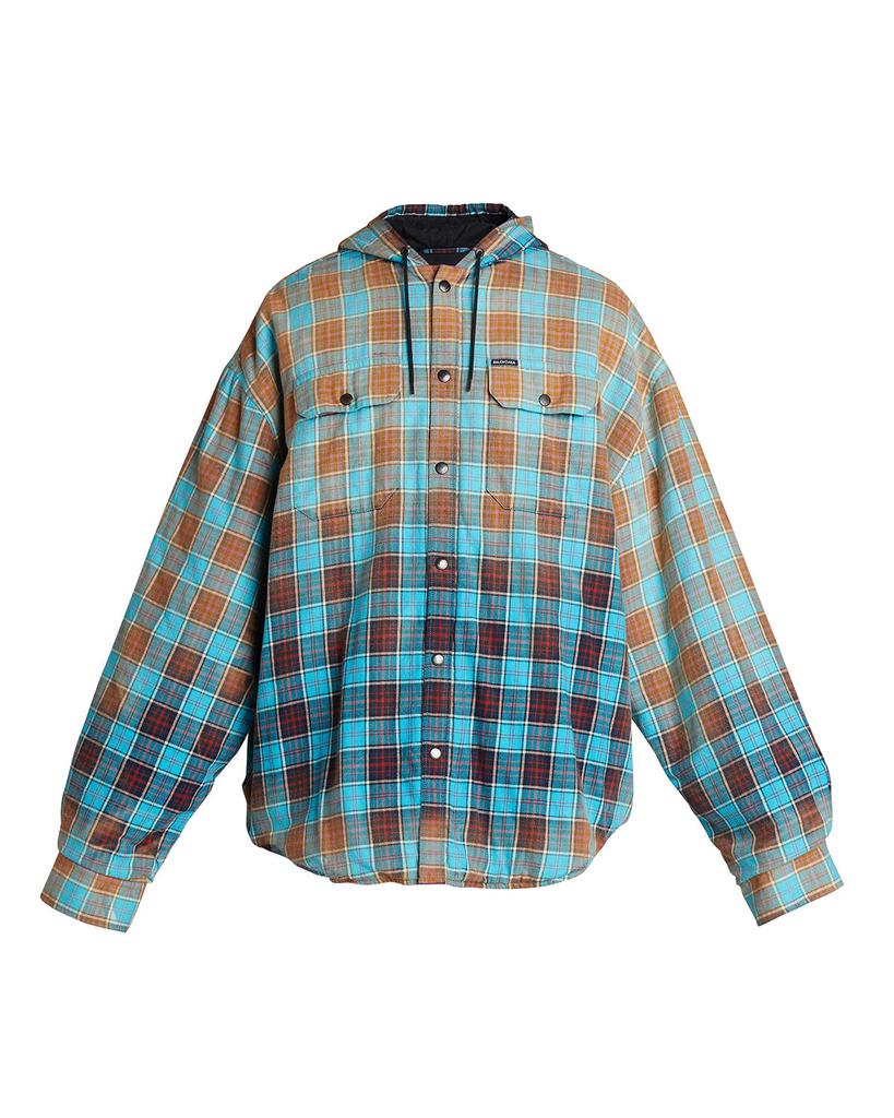 Men's Bleached Plaid Flannel Hooded Shirt Jacket商品第2张图片规格展示