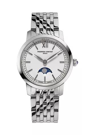 Women's Swiss Simline Moonphase Silver-Tone Stainless Steel Bracelet Watch商品第1张图片规格展示