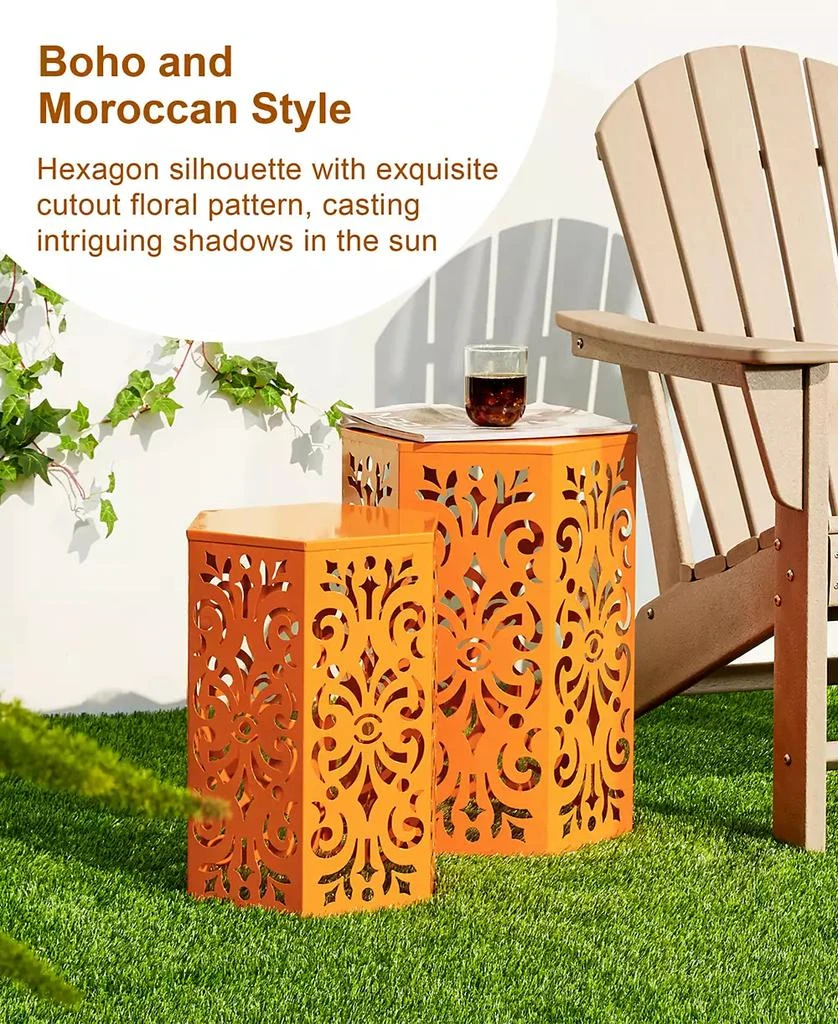 商品Glitzhome|Multi-Functional Set of 2 Orange  Cutout Floral Hexagonal Garden Stools or Planter Stand,价格¥1151,第4张图片详细描述