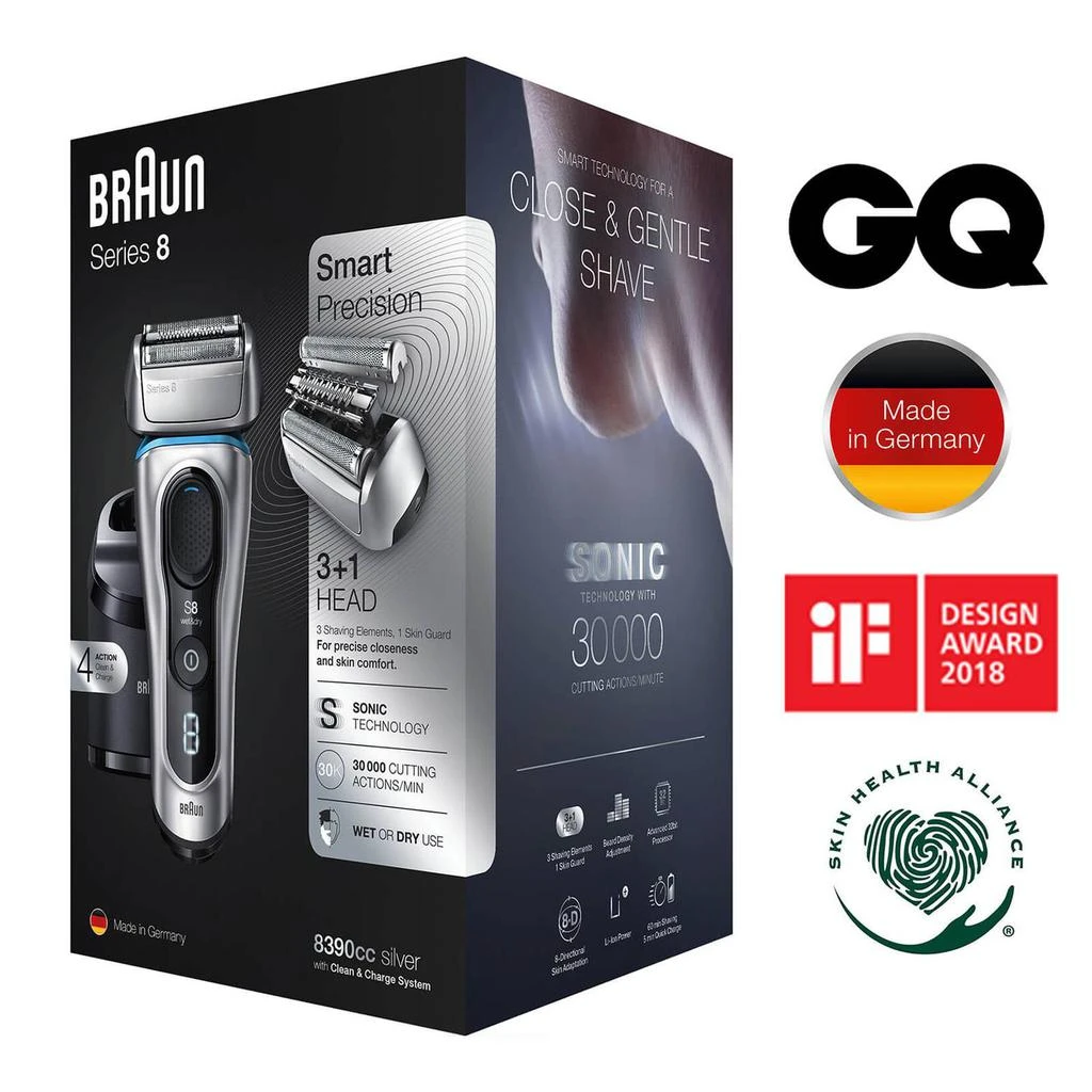商品Braun|Braun Series 8 8390cc Next Generation, Electric Shaver, Clean&Charge Station, Fabric Case - Silver,价格¥2558,第5张图片详细描述