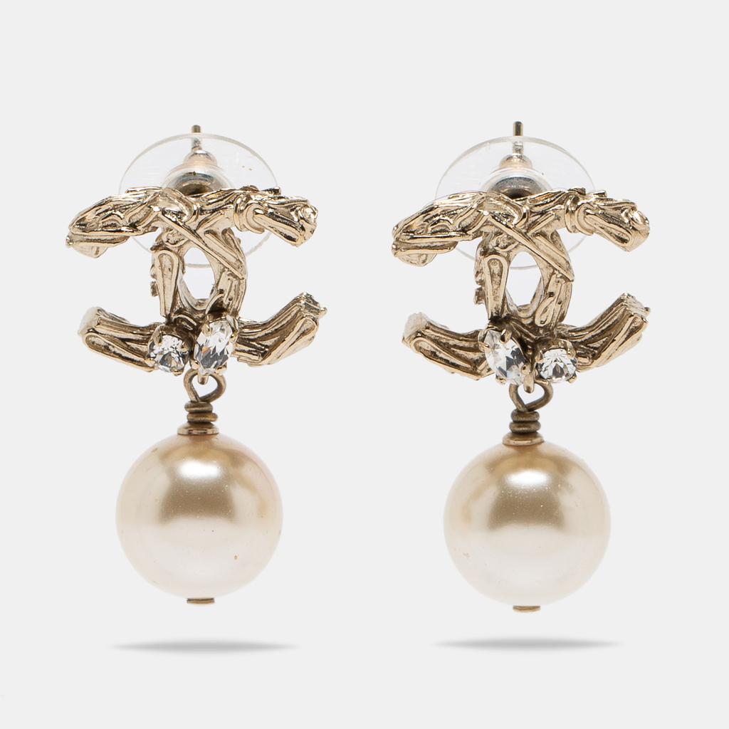 商品[二手商品] Chanel|Chanel CC Faux Pearl Crystals Gold Tone Drop Earrings,价格¥3729,第1张图片