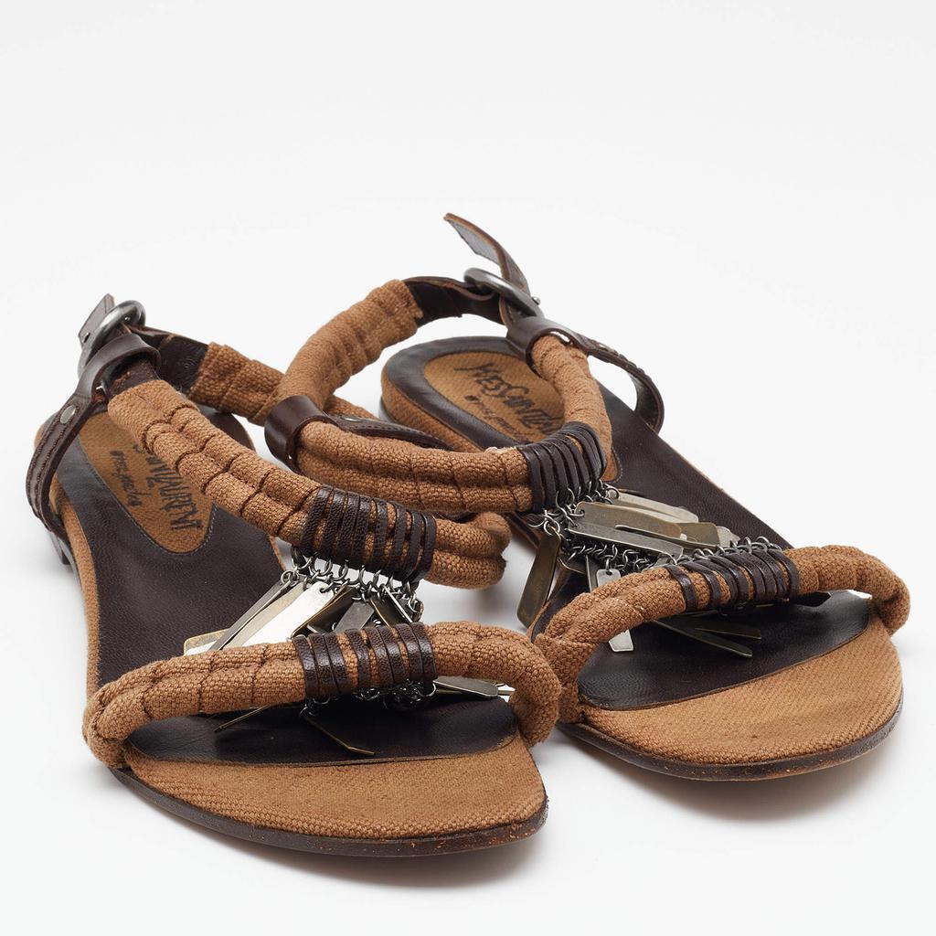 商品[二手商品] Yves Saint Laurent|Yves Saint Laurent Brown Canvas and Leather Embellished Flat Sandals Size 39,价格¥1885,第6张图片详细描述