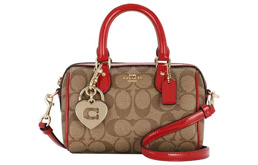商品[国内直发] Coach|蔻驰 Boxed 18 经典老花挂件铭牌五金扣 PVC配皮 波士顿包手提包单肩包 小号 女款 棕色拼红色,价格¥1450,第3张图片详细描述