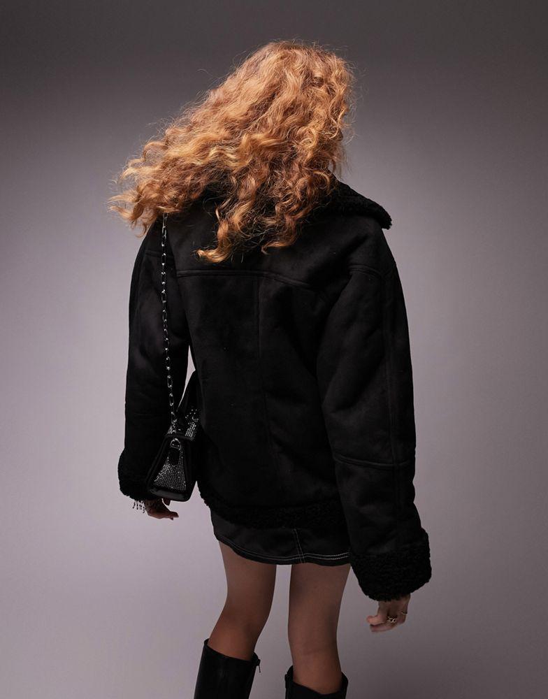 Topshop faux shearling car coat in black商品第2张图片规格展示