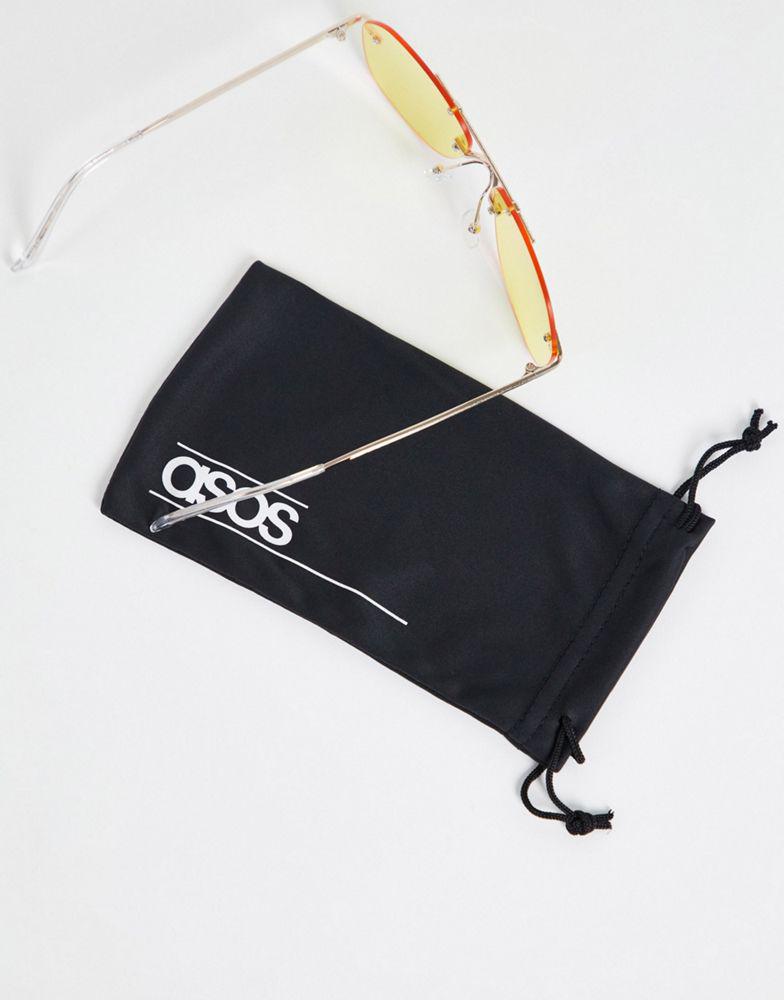 ASOS DESIGN rimless aviator sunglasses with yellow lens in gold商品第4张图片规格展示