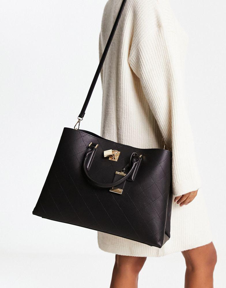 商品ALDO|ALDO Mylah tote bag in black quilt with padlock,价格¥659,第1张图片