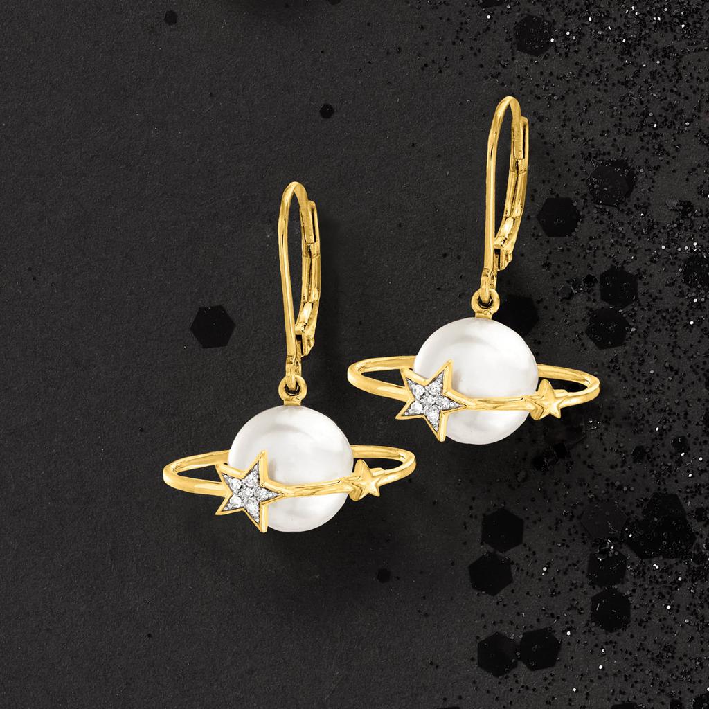 Ross-Simons 9.5-10mm Cultured Pearl Planet Drop Earrings With Diamond Accents in 18kt Gold Over Sterling商品第4张图片规格展示