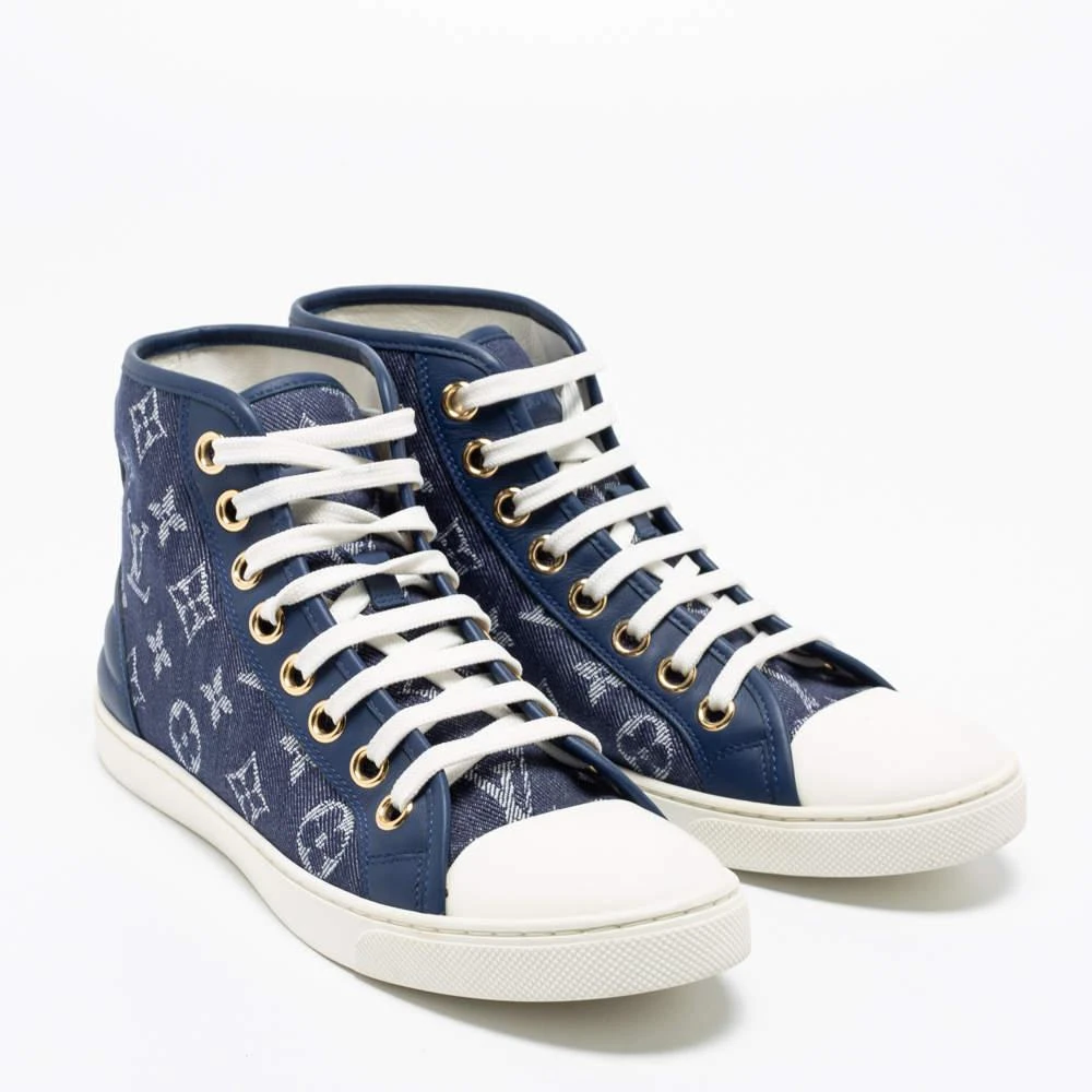 商品[二手商品] Louis Vuitton|Louis Vuitton Navy Blue/White Monogram Canvas, Leather and Rubber Cap-Toe Punchy High-Top Sneakers Size 37.5,价格¥3365,第4张图片详细描述