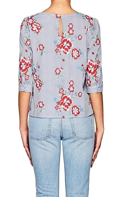 商品Barneys New York|Floral-Embroidered Striped Cotton-Blend Blouse,价格¥474,第2张图片详细描述