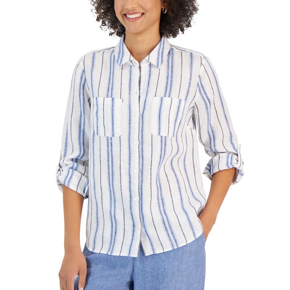 Petite Linen Striped Button-Front Shirt, Created for Macy's商品第1张图片规格展示