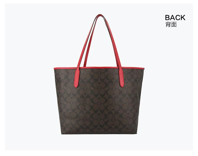 商品Coach|美国直邮COACH蔻驰女士CITY托特包大容量单肩包时尚购物袋深棕配红边,价格¥2641,第8张图片详细描述