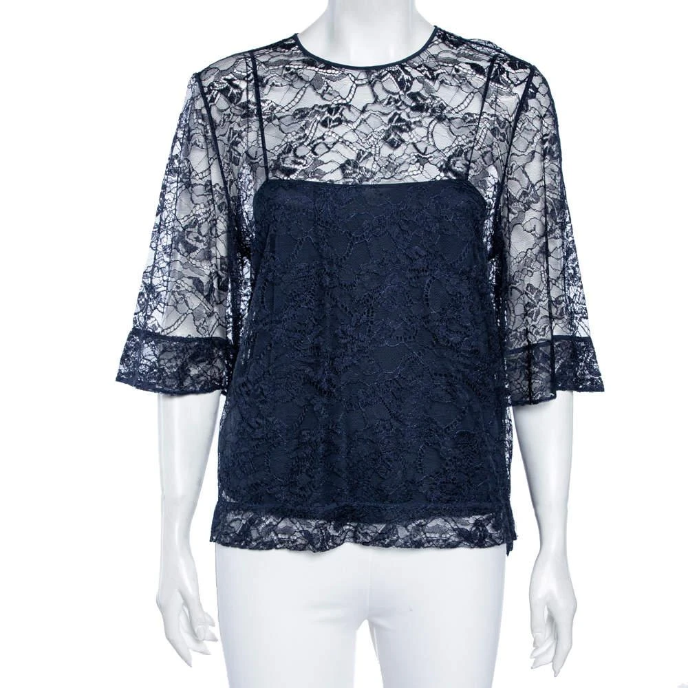 商品[二手商品] EMILIO PUCCI|Emilio Pucci Navy Blue Lace Blouse M,价格¥1298,第1张图片