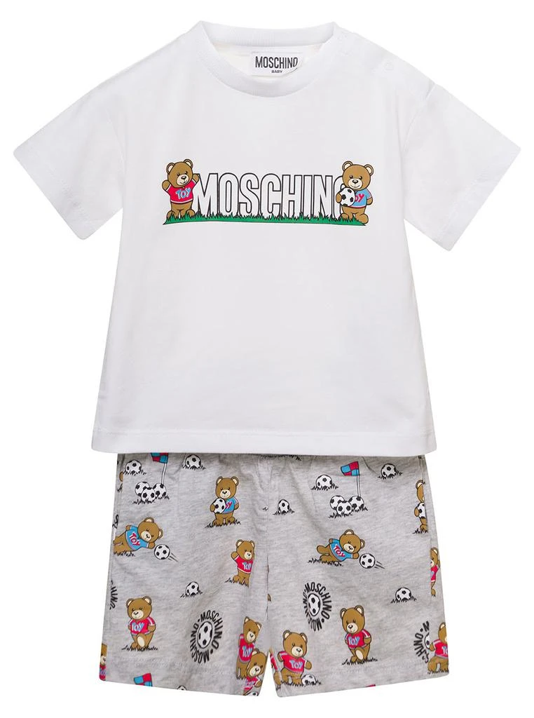 商品Moschino|Grey And White T-shirt And Shorts Suit With Teddy Bear And Logo Print In Cotton Baby,价格¥1062,第1张图片